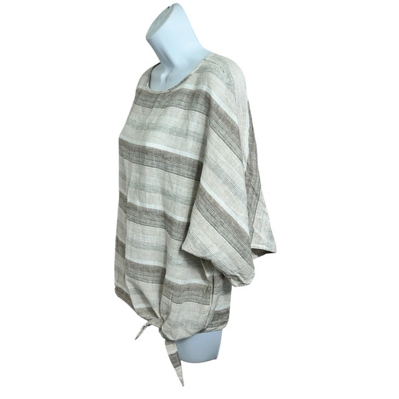 Beach Lunch Lounge Linen Blend Blouse Sz Large Tan Striped Dolman Sleeve Top - Picture 4 of 7